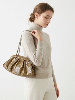 Danier Patent Croc Embossed Leather Chain Strap Shoulder Bag Olive Tan